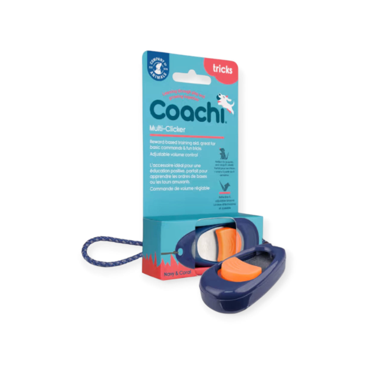 Coachi Multi-Clicker – Hundeklikker med volumkontroll (Marineblå/Coral)
